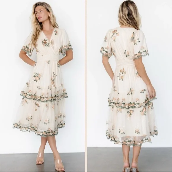 Baltic Born Cynthia Cream Embroidered Tulle Tier Midi Dress Size Large - Picture 2 of 11